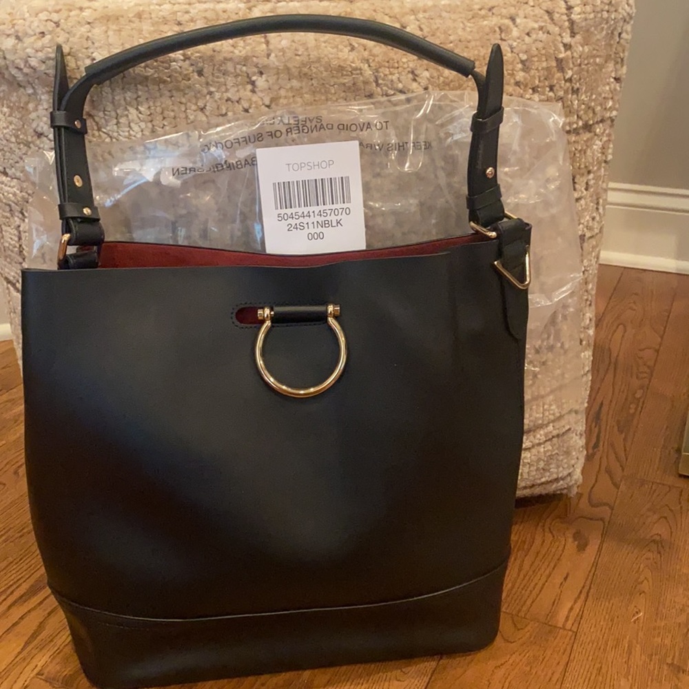 Topshop Remy Trophy Faux Leather Black Hobo Bag